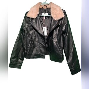 Denim Blvd Faux Fur Collar Black Vegan Leather Jacket NWT Large 21 PTP